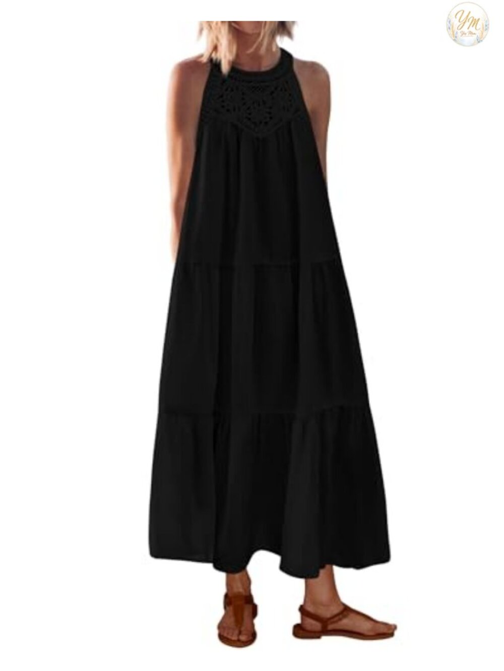 Boho Halter Maxi Sundress Sleeveless Cotton Blend with Pockets